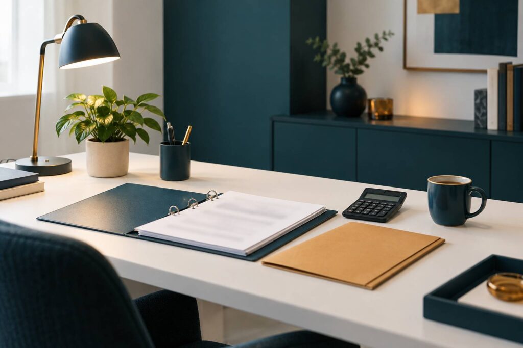 Dossier administratif ouvert sur un bureau avec calculatrice et tasse