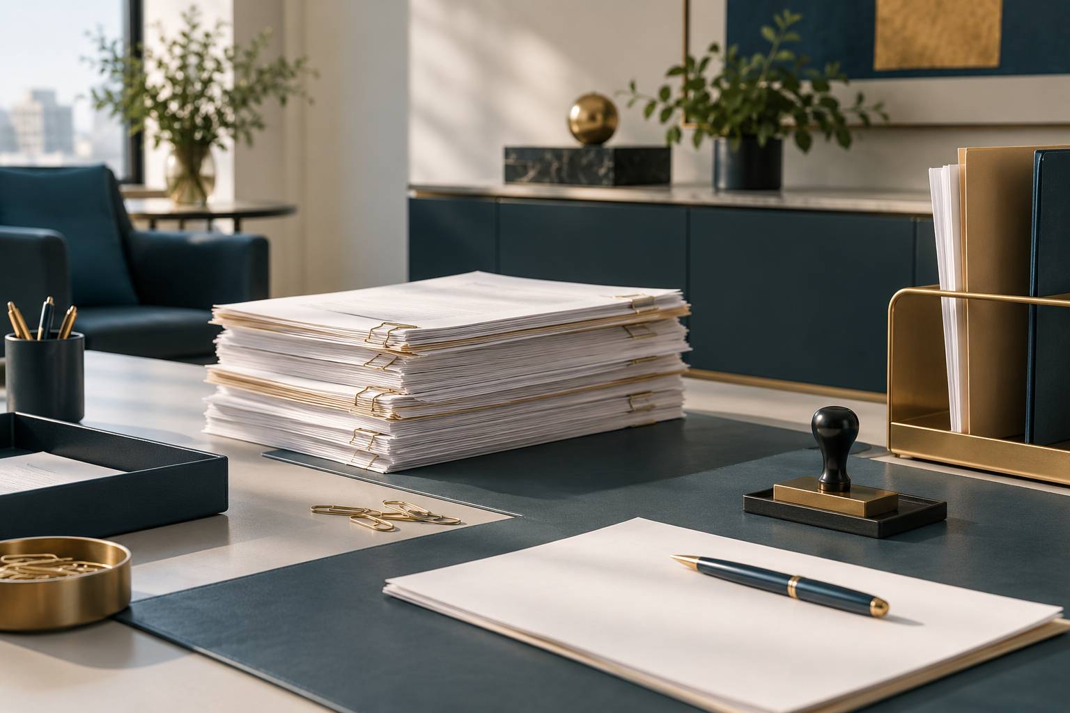Documents administratifs classes avec tampon et stylo sur un bureau