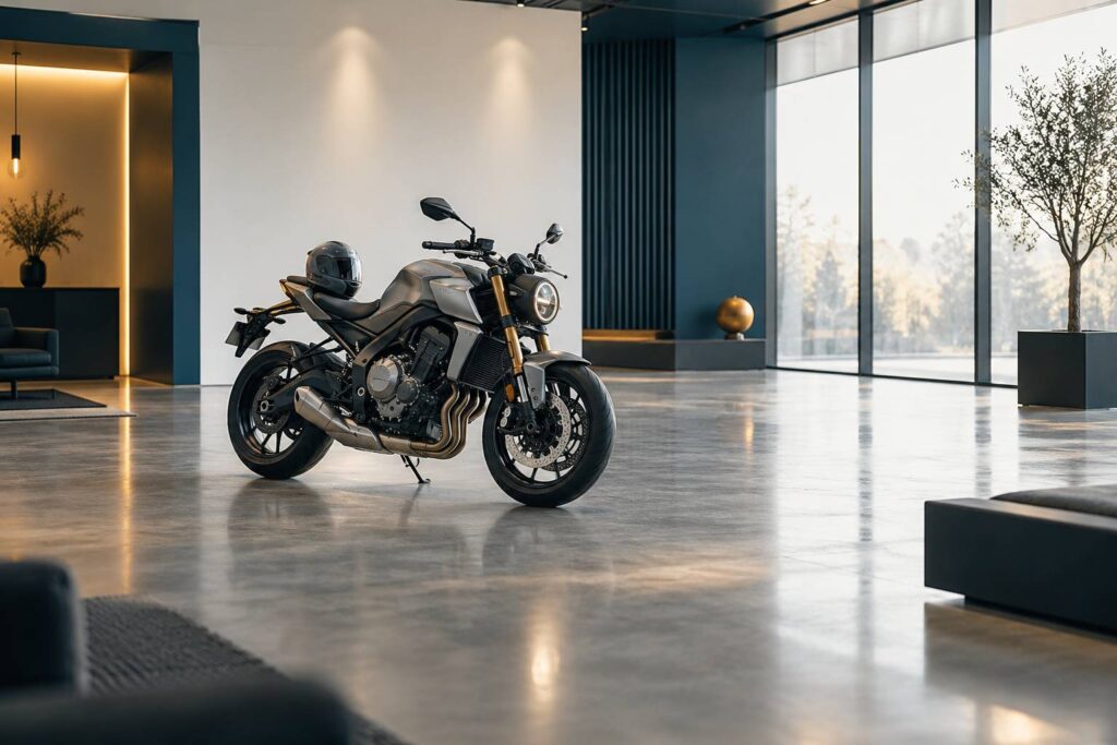 Moto generique dans un concessionnaire clair avec casque