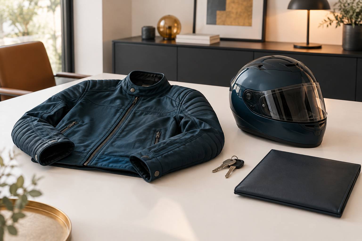 Casque et blouson de moto poses sur une table neutre