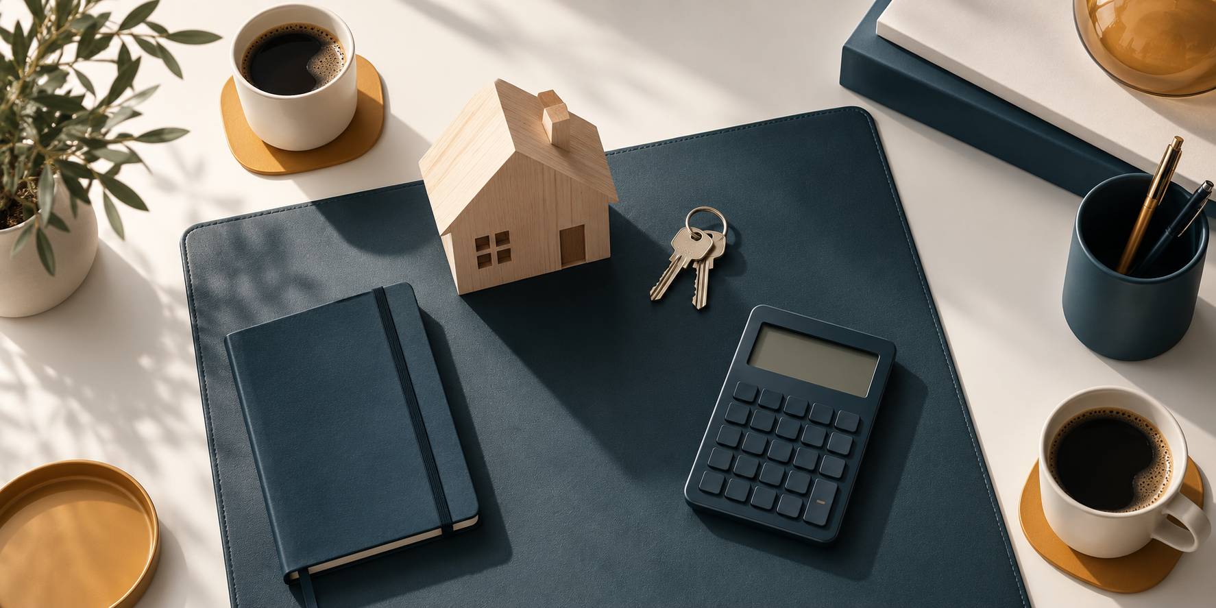 Maquette de maison, cles et calculatrice sur un bureau clair