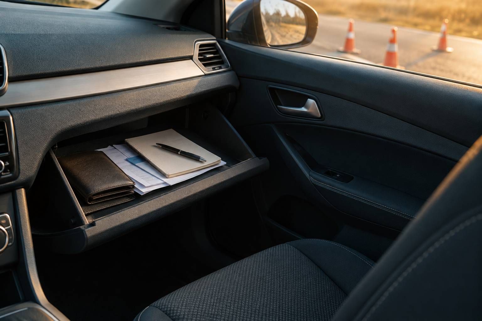 Documents et carnet rangés dans une boîte à gants de voiture