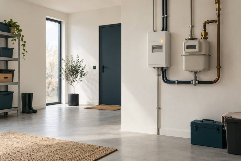 Compteurs electrique et gaz generiques sur un mur d'interieur sobre