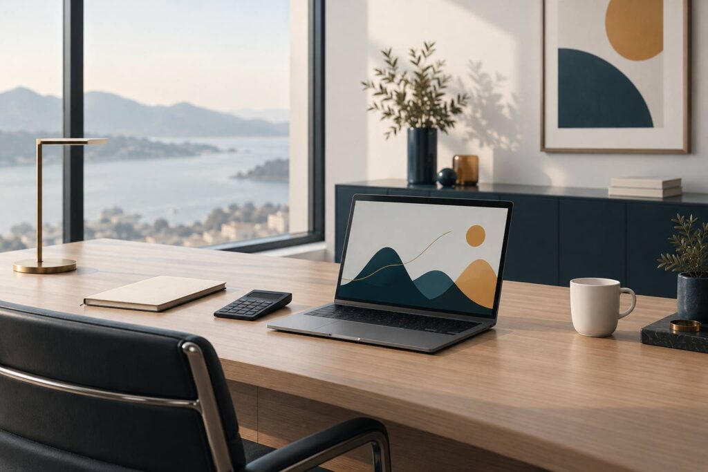 Ordinateur et calculatrice sur un bureau de conseil