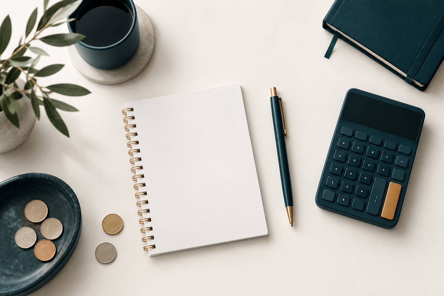 Calculatrice, pièces et carnet sur un plan de bureau