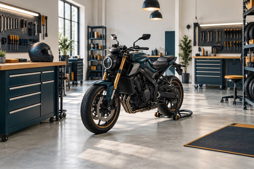 Moto generique sans marque sur bequille dans un atelier lumineux