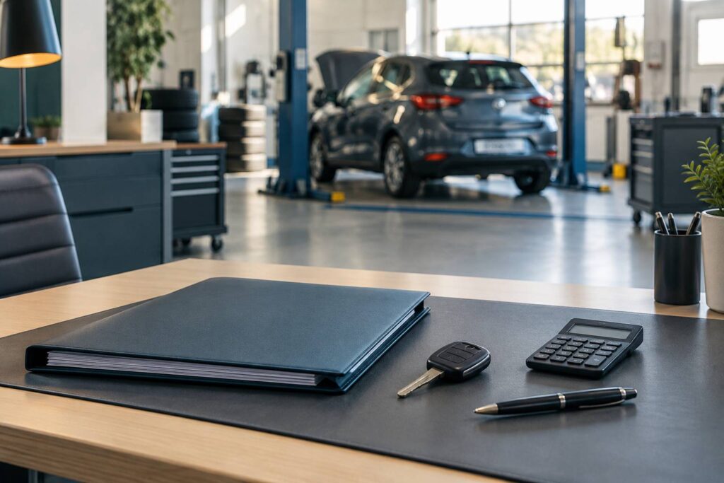 Bureau sobre avec dossier ferme, cles de voiture et calculatrice