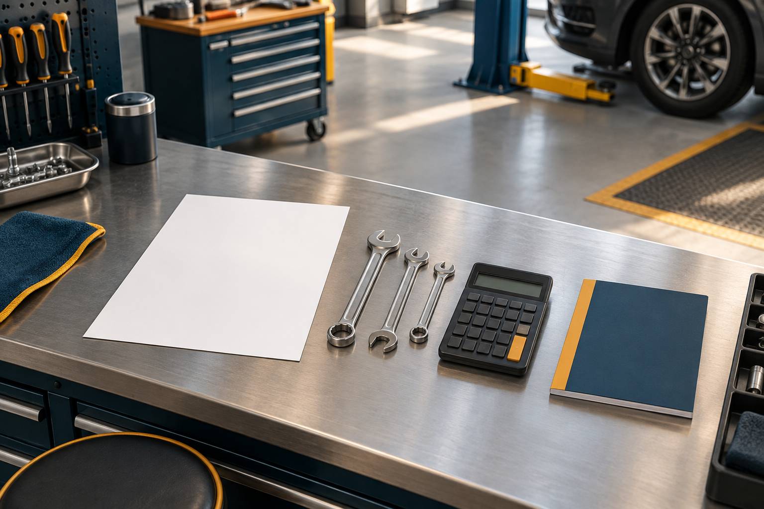 Formulaire vierge, cles et calculatrice poses sur un plan de travail